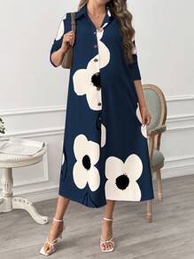 SHEIN Maternity Floral Print Lapel Single-Breasted Shirt Dress, Spring/Autumn Collection - Blue - View 4