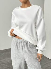 SHEIN EZwear 1 chiếc áo nỉ dệt kim màu trắng thả vai rộng rãi cho nữ, thích hợp cho mùa thu, áo dài tay - trắng - Xem 4