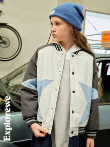 SHEIN Jaqueta Casual de Cidade para Meninas com Estampa de Estrela em Retalhos, Forro Acolchoado, Macia e Quente, Adequada para Atividades ao Ar Livre, Uso Casual Urbano Diário, Outono/Inverno - Multicolorido - Visão 1
