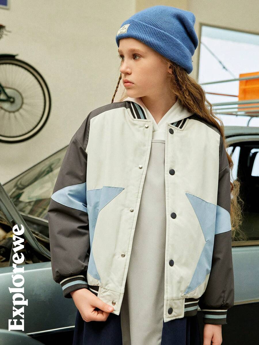 SHEIN Jaqueta Casual de Cidade para Meninas com Estampa de Estrela em Retalhos, Forro Acolchoado, Macia e Quente, Adequada para Atividades ao Ar Livre, Uso Casual Urbano Diário, Outono/Inverno - Multicolorido - Visão 1