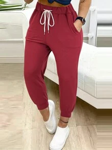 Women's Solid Color Casual Drawstring Sweatpants Spring - Burgundy - View 5