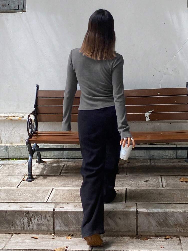 Women Solid Color Long Sleeve Tie Front Buttoned Fitted T-Shirt,Fall Clothes