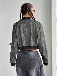 StreetHx 女士时尚扎染长袖飞行夹克，秋季 - 灰色 - 查看 3