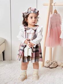 SHEIN Babygirl Autumn Winter Cute Plaid Patchwork Dress & Hat Set