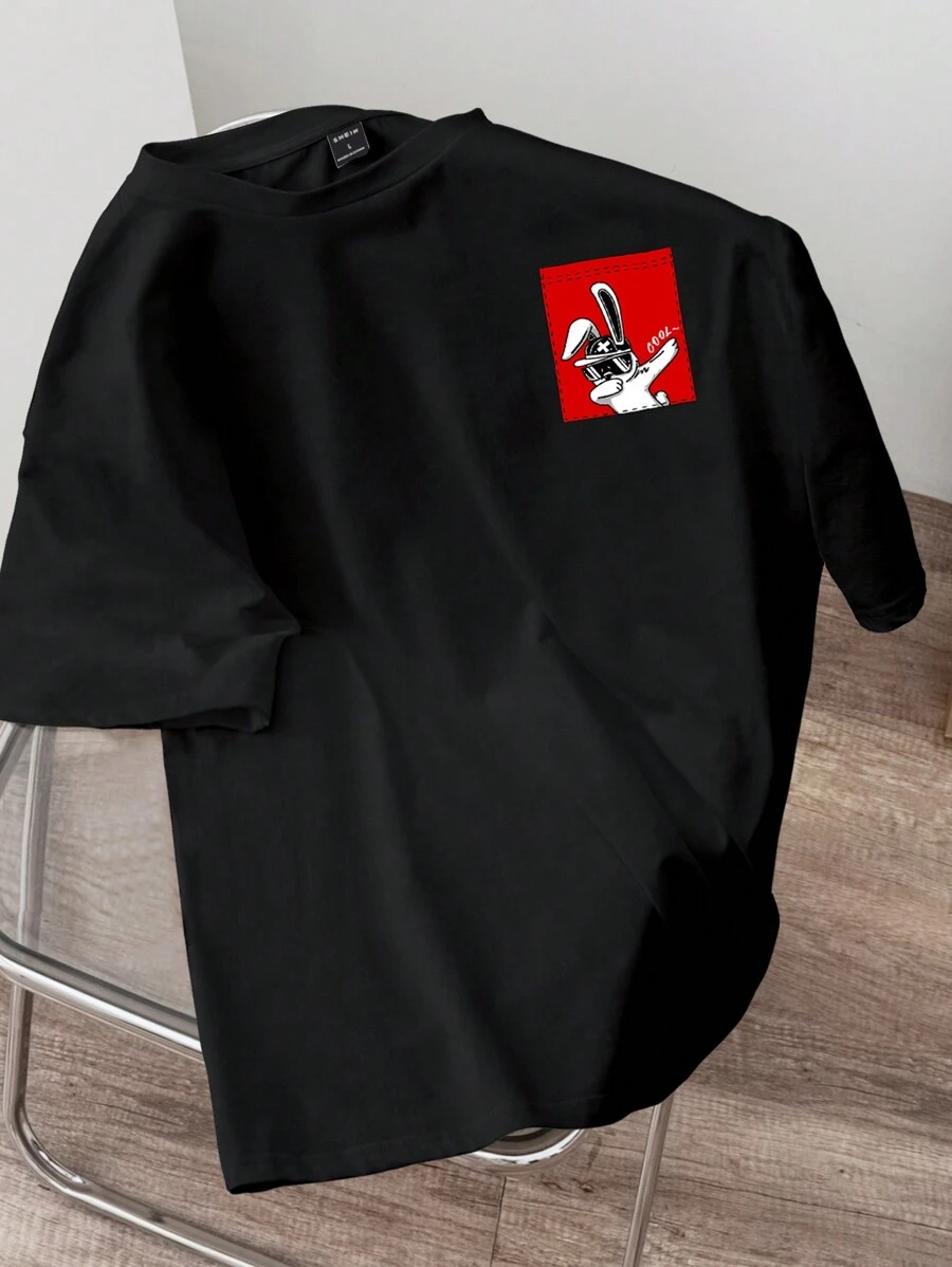 Manfinity Joysei 男士休闲卡通印花圆领短袖 T 恤，黑色针织，百搭