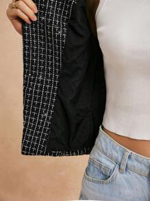 Poéselle 优雅休闲粗花呢夹克圆领装饰长袖纯色外套，秋季女装，FW24 - 黑色 - 查看 7