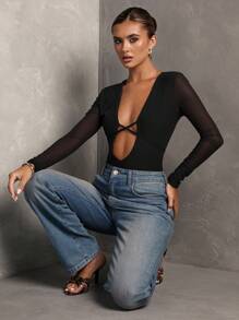 SHEIN BAE 女士性感深 V 领网眼撞色紧身衣，秋季 - 黑色 - 查看 5