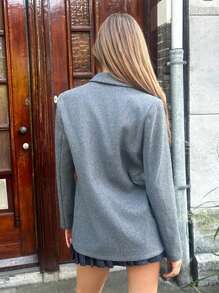 SHEIN EZwear 女式秋冬立领长袖双排扣灰色西装外套 - 灰色 - 查看 2