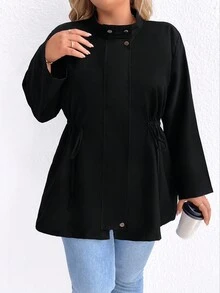 SHEIN CURVE+ Áo khoác cardigan dáng rộng màu trơn thường ngày cỡ lớn có khóa kéo, thích hợp cho mùa thu - màu đen - Xem 6
