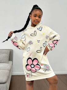 SHEIN Tween Girl Loose Casual Minimalist Comfortable Hooded Long Sweatshirt With Letter Print,In Fall/Winter - Apricot - View 4