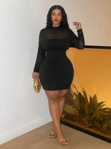 Slaydiva Vestido corto de manga larga con cuello alto falso, contraste de malla y ajuste elegante y estilizado en talla grande - Azul - Negro - Ver 6