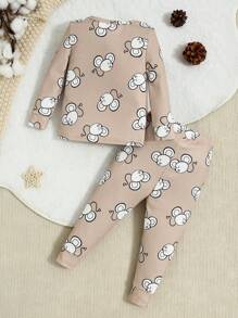 SHEIN 2 件装男婴紧身长袖 T 恤和裤子套装，简单可爱的老鼠印花 - 卡其色 - 查看 2