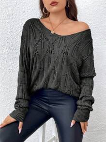 SHEIN Clasi 大码女式镂空V领不对称肩长袖宽松套头毛衣，适合秋冬季针织衫 - 黑色 - 查看 6