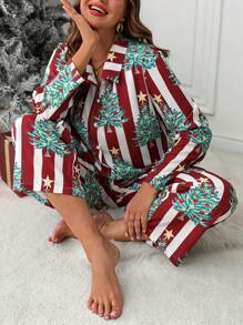 SHEIN LUNE 2 件套大码圣诞条纹圣诞树印花长袖上衣和长裤套装 - 紅色 - 查看 6