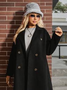 SHEIN EZwear Plus Size Coat With Tie Waist And Turn-Down Collar, For Autumn/Winter - Black - View 6