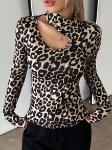 DAZY 1pc Women Leopard Print Asymmetrical Neck Slim Fit Sexy Long Sleeve T-Shirt,Fall Clothes - Coffee Brown - View 6