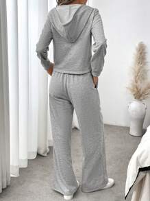 SHEIN LUNE 2 件套女士休闲街头运动连帽开衫和直筒裤，灰色，秋季 - 灰色 - 查看 2