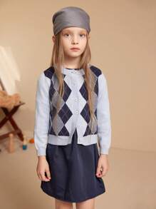 PrepCrw Young Girl Casual Diamond Pattern Button-Up Cardigan, Suitable For Autumn/Winter - Blue - View 3