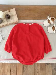 SHEIN LMoss Kids LMoss Newborn Baby Girl Autumn/Winter Cute Knitted Colorblock Embroidered Pumpkin Decor Ruffle Crotch Open Bodysuit - Red - View 2