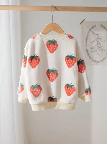 SHEIN 年轻女孩针织草莓图案宽松圆领蓬松休闲运动衫 - 彩色 - 查看 2