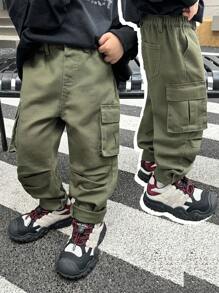 SHEIN Young Boy Street Cool Pleated Design Cargo Pocket Loose Fit Army Green Denim Jeans,Casual And Versatile For Young Boys Fall/Winter Clothes - Army Green - View 1