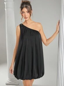 L'Amorae One Shoulder Shirring Bubble Mini Dress