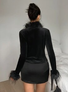 SHEIN EZwear 女士时尚毛皮镶边短款紧身夹克，秋季 - 黑色 - 查看 2