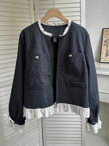 Franclia 度假休闲蓝色外套，饰有蕾丝刺绣蝴蝶结荷叶边，可混搭复古上衣，适合秋冬季节穿着，女士面料。 - 藏蓝色 - 查看 1