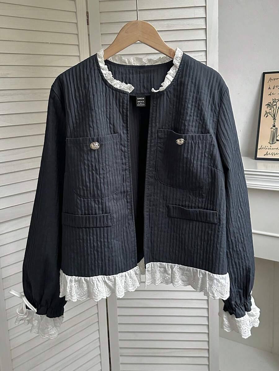 Franclia 度假休闲蓝色外套，饰有蕾丝刺绣蝴蝶结荷叶边，可混搭复古上衣，适合秋冬季节穿着，女士面料。 - 藏蓝色 - 查看 1