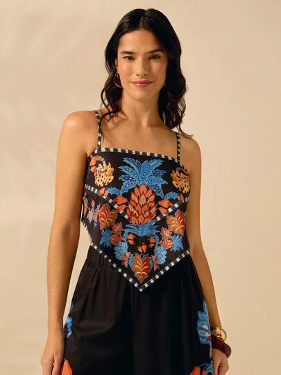 CAJUNI 女式波西米亚风菠萝和热带植物印花 V 领系带后背吊带背心，夏季休闲度假沙滩装