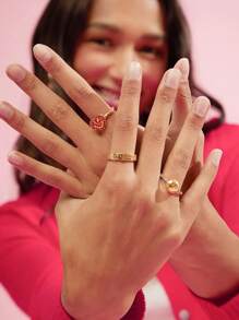 SmileyWorld® | SHEIN Women 3pcs/Set Cartoon Expressions Pattern Crystal Decor Golden Rings, Fashion Jewelry - Gold - View 2