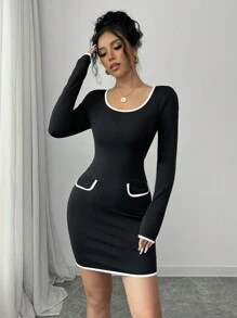 Elenzga Robe moulante à manches longues mini au contraste noir et blanc, coupe slim, pour le printemps et l'automne, idéale pour la Saint-Valentin