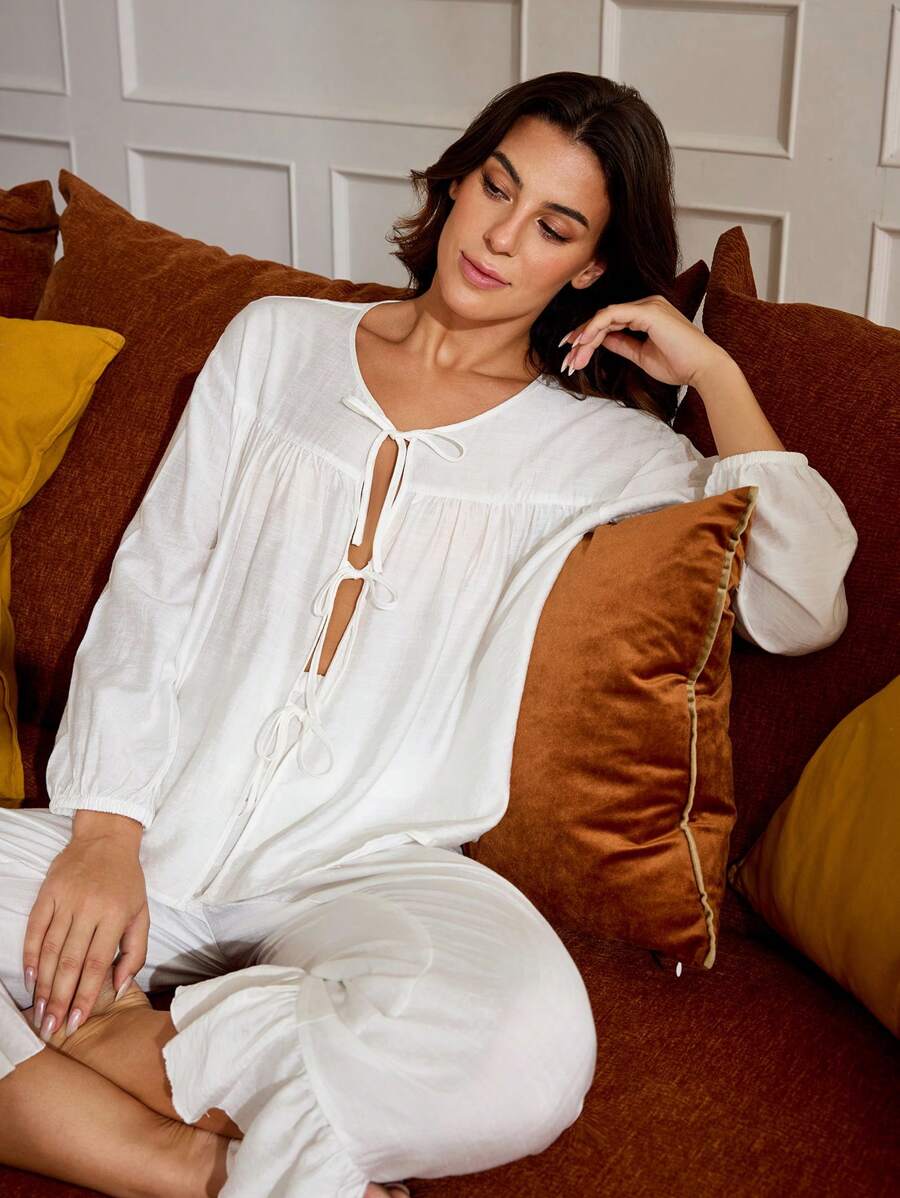 Oxana Designer Women's White Tie-Strap Gathered Loose Sleep Top Homewear, For Holiday, Vacation, Spring & Summer, Going Out, Ibiza Fits - White - View 1