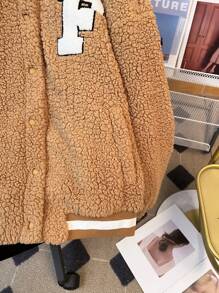 SHEIN Teen Girl's Brown Reversible Plush Ribbed Letter Logo Oversized College Baseball Jacket - Brown - View 5