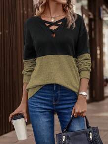 SHEIN LUNE Áo nỉ tay rớt phối màu giản dị, áo chui đầu mùa thu. - Màu Mù tạt vàng - Xem 1