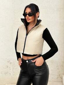 SHEIN Tall 秋冬合身拼色双面立领背心外套 - 杏色 - 查看 5