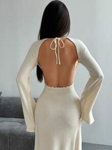 SHEIN Unity Casual Everyday Elegant Flared Sleeve Cinched Waist Sweater Dress, Autumn/Winter - Apricot - View 7