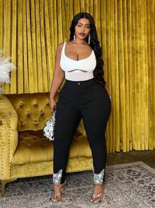 Slaydiva Casual Fashion Plus Size Women Rhinestone Decorated Tight Leggings - Dark Grey - View 10