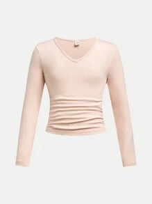 SHEIN 3pcs Tween Girls Fall/Winter Casual Solid Color V-Neck Long Sleeve Knitted Base Layer Tops - Brown - View 3