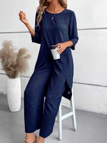 EMERY ROSE Women 2pcs Set - Solid Color Wrap Hem Casual 3/4 Sleeve Blouse & Elastic Waist Long Pants, Autumn