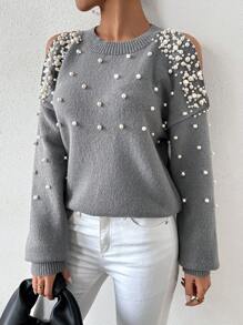 SHEIN LUNE Áo len nữ tay dài cổ tròn khoét rỗng, đính cườm, thích hợp mặc mùa thu đông. - Xám - Xem 6