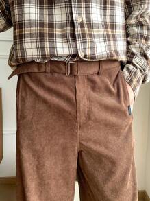 Mainfolk Celana Panjang Pria Tenun Kasual Warna Polos dengan Saku dan Tali Serut di Pinggang, Model Lurus, Modis & Nyaman - Coklat - View 5