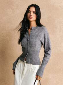 Poéselle Cárdigan de punto sencillo de unicolor de manga larga con botones delanteros slim, gris, suéter corto de mujer, ropa de invierno para mujer, ropa de otoño para mujer, FW24