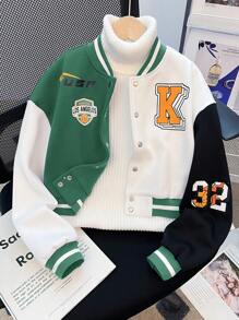 Tween Girls Casual Short Loose Contrast Badge Print Bomber Jacket - Green - View 1