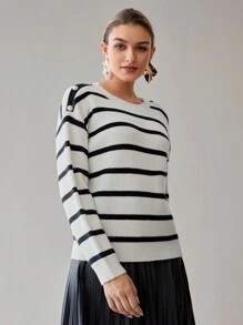 MOTF STRIPED PATTERN DROP SHOULDER OVERSIZE BUTTON DETAIL SWEATER WITHOUT BELT