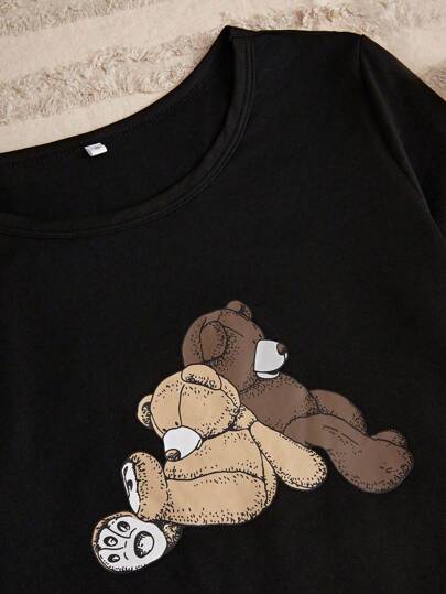 Cartoon Graphic Tee Plaid Pants PJ Set Pajama Set, Fall Clothes Cozy Elegante s, view 5