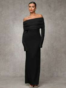 SHEIN BAE Women Elegant White Off-Shoulder Fitted Long Fall Dress,Elegant Women Dresses,Fall Wedding Guest Dress - Black - View 3