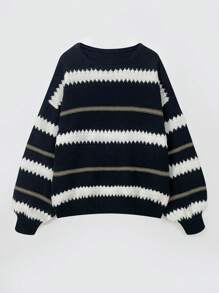 Women's Casual Striped Drop Shoulder Loose Pullover Long Sleeve Sweater Top, Black - Multicolor - View 4