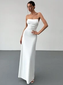 Aloruh Romantische high-end witte spaghettibandjes duik-v-hals rugloze jurk voor vrouwen