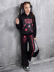 SHEIN Explorewe 2pcs/Set Goth Punk Stylish Graphic Print Fleece Sweatshirt Set For Tween Girls - Black - View 7
